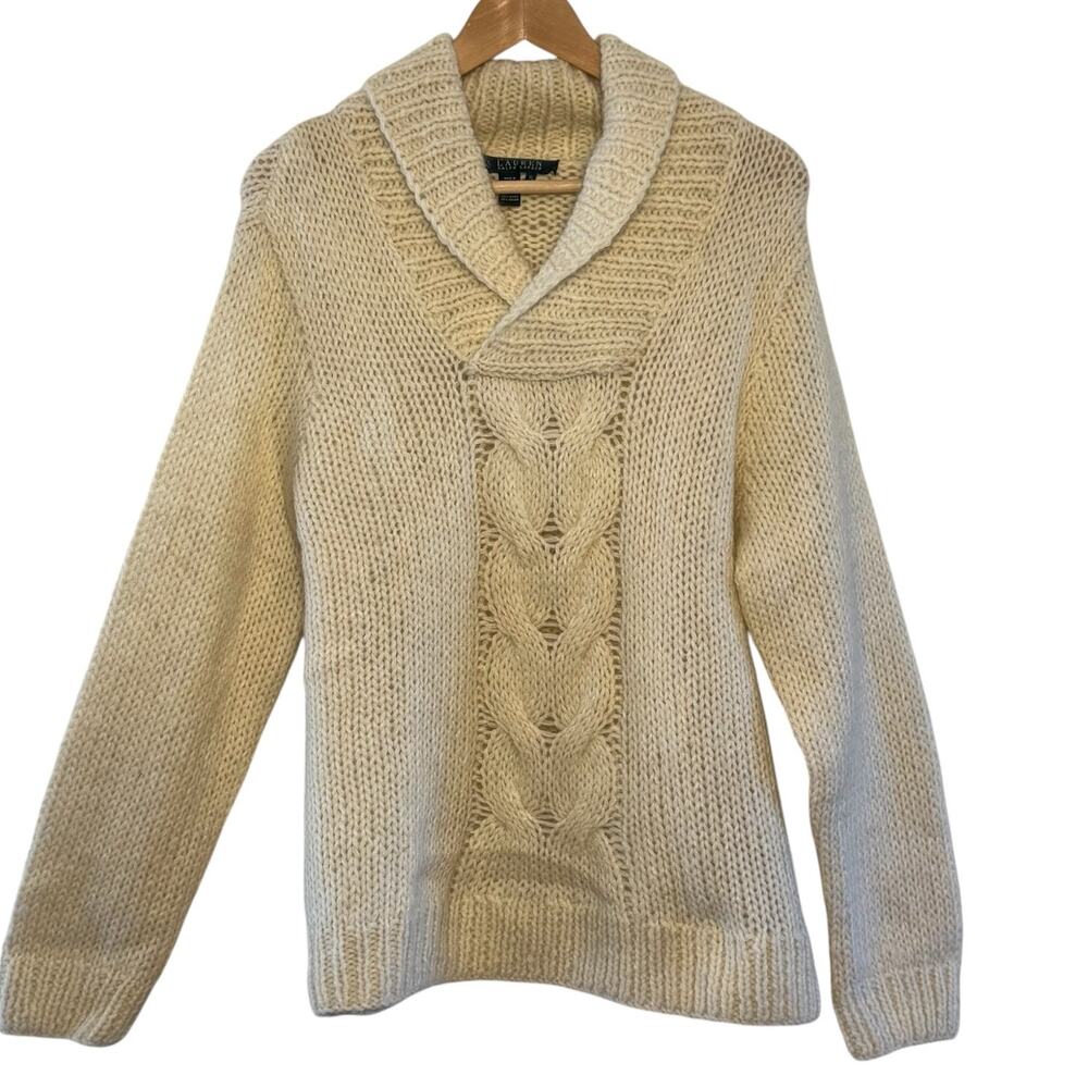 Vtg Hand Knit Lambs Wool Mohair Lauren by Ralph Lauren Shawl Collar Sweater XL